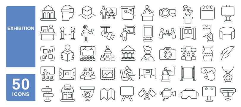Set of 50 line icons related to exhibition, artwork, gallery, virtual, show, presentation, exhibit, exposition, Editable stroke. Vector illustration