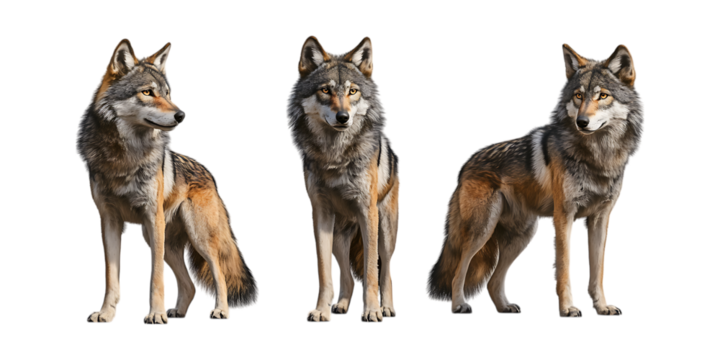 Pack Wolf Set in Different Poses Against Transparent Background for Wildlife Art, Nature Illustrations, or Outdoor Branding