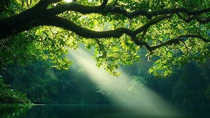 Fototapeta premium Light shines through treetops above water amidst forest