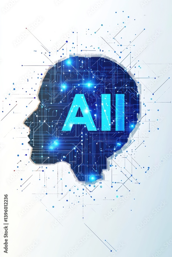 Poster futuristic ai concept with illuminated circuit technology and human intellect outline