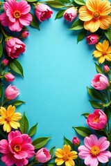Fototapeta premium Vibrant spring blooms, fisheye lens distortion, colorful floral frame , lens flare, frame
