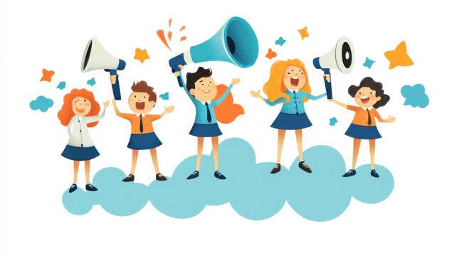 Children on clouds using megaphones promoting joy and teamwork