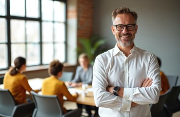 Obraz premium Confident businessman with folded arms, smiling at camera. Senior male in glasses. Office setting, teamwork in background. Leadership, corporate style. Meeting, company staff, coworkers, pro look.