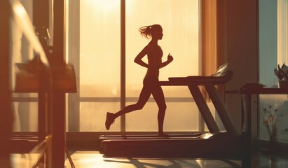 Illustration of a young woman exercising on a treadmill at home. Yellow and amber sunlight and black silhouette of the young woman in front of the window