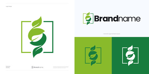 Green Nature leaves logo, Green plant or gardening logo design, Sprout leaf logotype, Agriculture vector logo concept, Ecology of environmental protection, organic icon logo, Letter S nature farm
