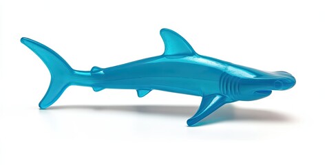Obraz premium A vibrant blue plastic shark toy resting on a clean white surface, ideal for children's playtime