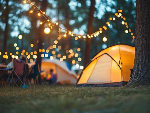 Campers enjoy a lively summer music festival under twinkling string lights. Tents glow warmly, creating an inviting atmosphere amidst trees and festivities.