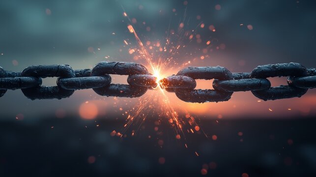 breaking chains transforming into beams of light, symbolizing the release of potential and the achievement of true asset freedom