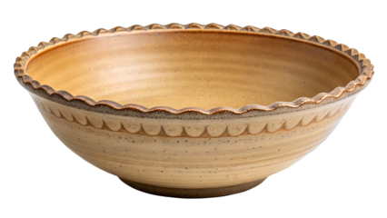 Timeless Ceramic Bowl: A beautifully crafted ceramic bowl exhibits an earthy palette and intricate scalloped rim, exuding a timeless aesthetic for home décor.