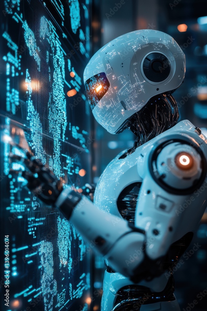 Poster humanoid robot analyzing digital data on an illuminated high-tech interface