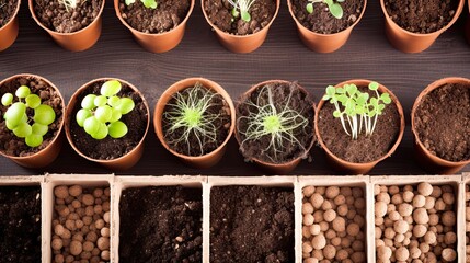 Top View of Clay Pots with Soil and Green Seedlings on Wooden Surface