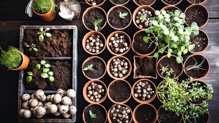 Top View of Clay Pots with Soil and Green Seedlings on Wooden Surface