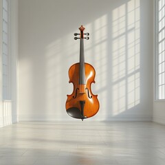 A violin a white background of an empty gallery 