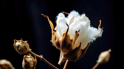 White Blooming Cotton Flower with Petals and Buds on Black Background