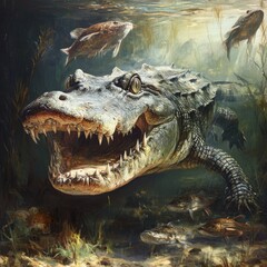 Obraz premium A fierce crocodile swimming underwater among various fish in a lush aquatic environment