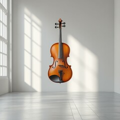 A violin a white background of an empty gallery 