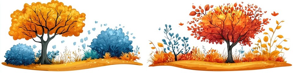 Two autumnal scenes one with gold and blue foliage, the other with red and orange.  Trees and plants set against a warm-toned ground