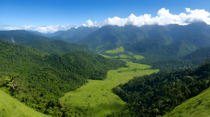 Naklejka premium Panoramic View Of Lush Valley And Mountainous Terrain