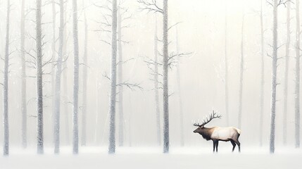 Fototapeta premium Deer in wintery forest landscape with snow-covered ground and tall trees surrounding it