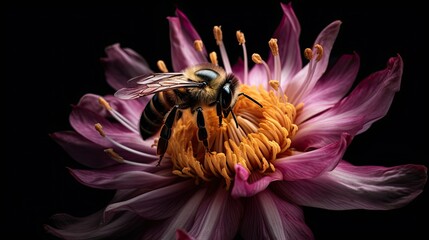 Macro shot of a honeybee collecting pollen on a vibrant lotus flower