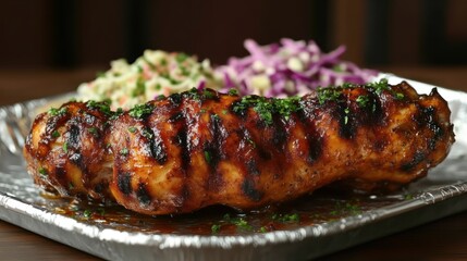 Grilled Chicken Drumstick with Fresh Herbs and Colorful Coleslaw on a Foil Tray