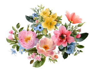 Obraz premium Beautiful floral bouquets and arrangements illustration. Watercolor pink, yellow, blue flowers and green leaf on white background. Spring botanical open wreaths for cards, invitations, greetings.