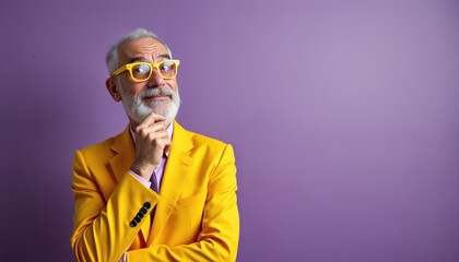 Happy senior man in bright yellow suit, eyeglasses touches chin thinking. Curious old guy ponders question on purple background. Funny mature person in colorful outfit with copy space on right side.