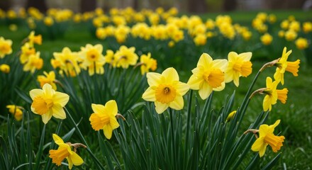 Fototapeta premium Daffodil Delight: Spring Meadow in Bloom - A vibrant field of daffodils basking in sunlight, symbolizing springtime, new beginnings, hope, joy, and renewal. Soft focus background enhances the beauty