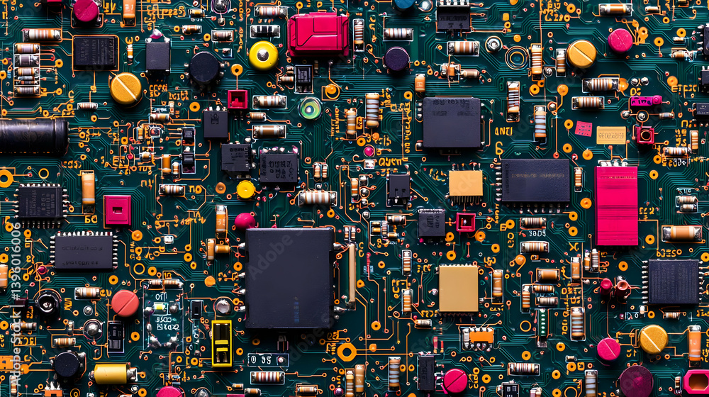 Poster close up view of complex circuit board with colorful components