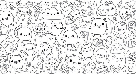 A black and white line drawing of various cute cartoon characters and food items in a pattern style