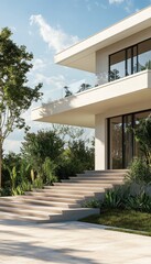 Fototapeta premium Luxurious villa entrance with layered elevation, warm concrete steps, and elegant landscaping in hdr