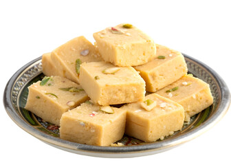 Mix burfi or barfi in a plate isolated on a transparent background.
