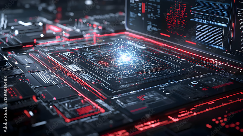 Poster close up of circuit board with glowing chip and red light