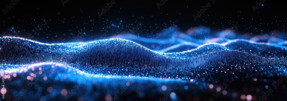 Poster abstract digital wave of glowing particles and data points in darkness