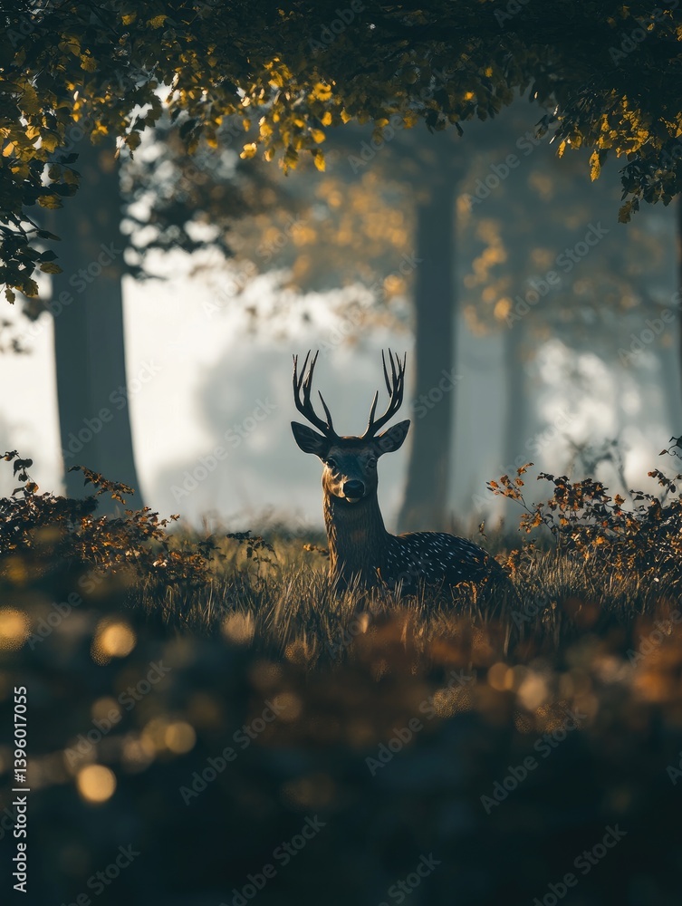 Poster pixelated deer in a forest setting with golden foliage and sunlight creating a serene atmosphere.