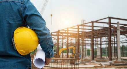 Engineer holding helmet and blueprints at a construction site with steel frame building in background