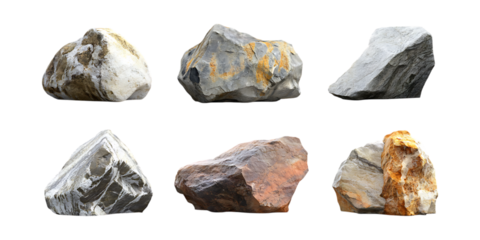 Pack Rock Set in Different Poses Against Transparent Background for Geological Illustration, Nature Graphics, or Construction Design