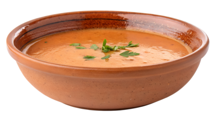 Creamy Tomato Soup: A close-up shot of a vibrant orange soup garnished with fresh herbs in a rustic ceramic bowl, creating a warm and inviting atmosphere.