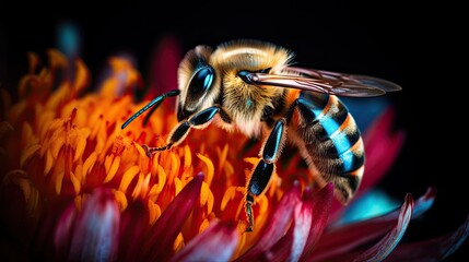 Extreme macro of a colorful bee on vibrant orange flower petals