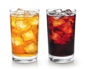 Two glasses, one with iced tea, the other with cola, both on a white background