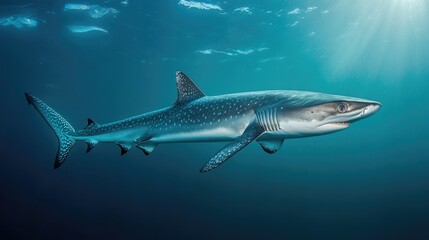 Obraz premium Majestic whale shark swimming gracefully in clear blue ocean waters with sunlight filtering through