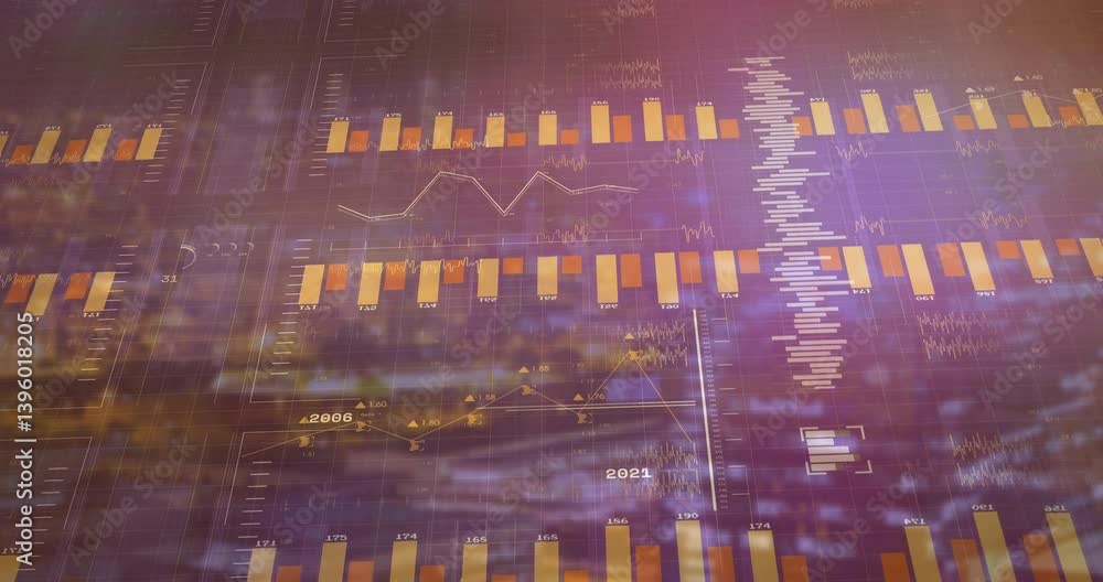 Poster financial data charts and graphs with dynamic animation over abstract background