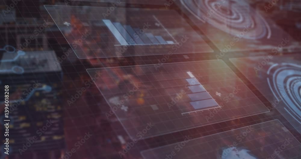 Poster bar graphs and data processing animation over abstract digital background