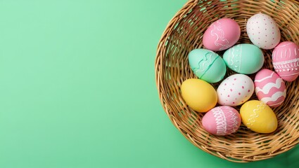 Colorful decorated Easter eggs placed near a wicker basket on a green surface, embodying the festive and joyful vibe of Easter celebrations