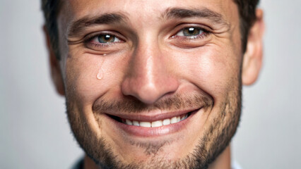 smiling man expresses joy while tear hints at underlying depression