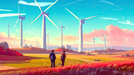 Illustrated renewable energy scene with wind power and scenic hills