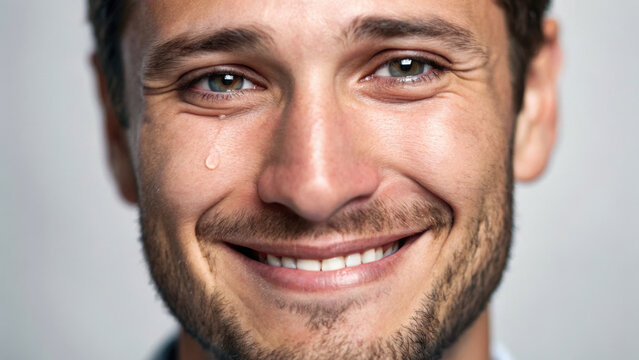 smiling man expresses joy while tear hints at underlying depression - Powered by Adobe
