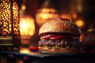 Delicious Burger with Sesame Bun and Ketchup Against Warm Background
