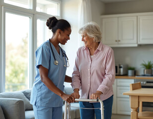 Friendly nurse assists elderly woman with walker in home. African American caregiver supports senior, smiling. Health care professional helps patient with walking. Home care, nursing, support for