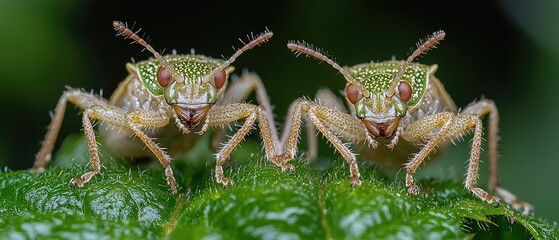 Naklejka premium Two insects face each other on a leaf. Their bodies are pale with green markings, and they have prominent red eyes. The detail is exceptional